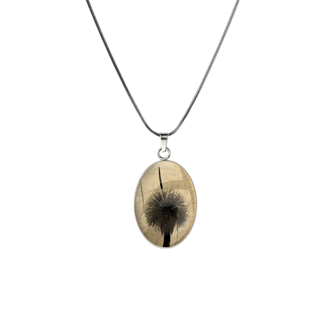 AUSTRALIAN NATIVE FLORA - GRASS TREE OVAL CIRCLE PENDANT ON A CHAIN NECKLACE - D854S - on Satchel