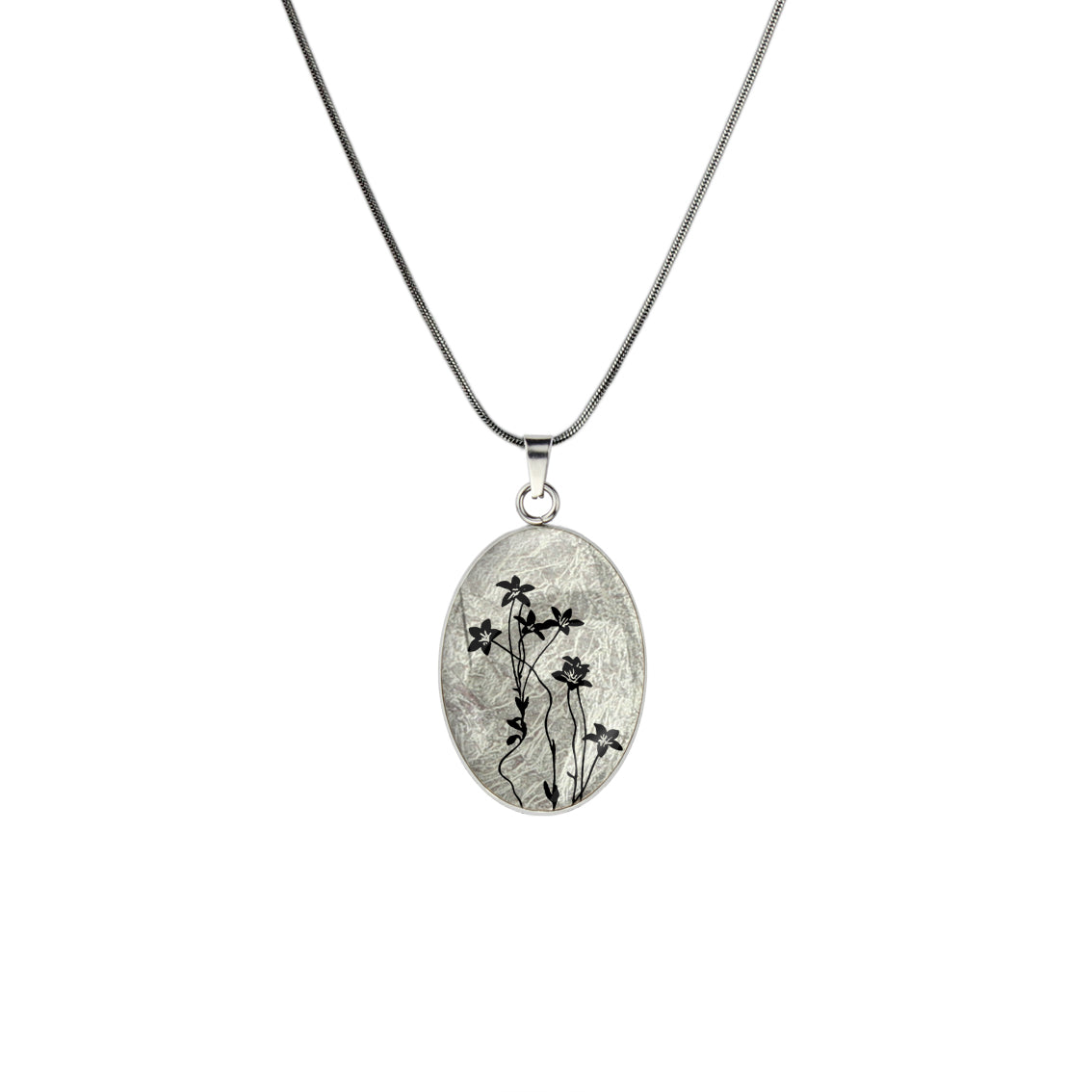 AUSTRALIAN NATIVE FLORA - NATIVE BLUEBELL OVAL CIRCLE PENDANT ON A CHAIN NECKLACE - D894S - on Satchel