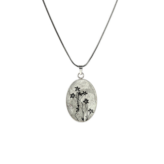 AUSTRALIAN NATIVE FLORA - NATIVE BLUEBELL OVAL CIRCLE PENDANT ON A CHAIN NECKLACE - D894S - on Satchel