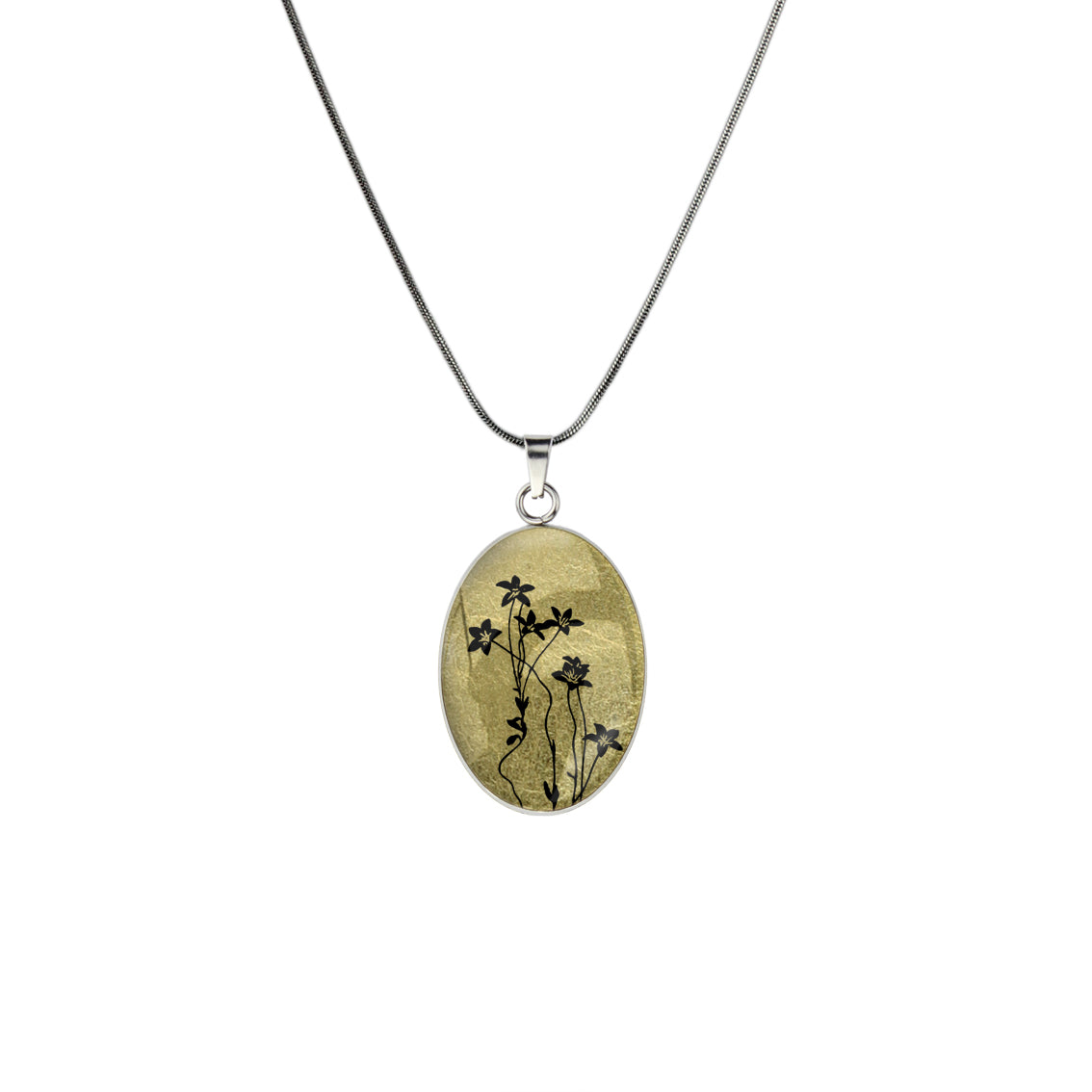 AUSTRALIAN NATIVE FLORA - NATIVE BLUEBELL OVAL CIRCLE PENDANT ON A CHAIN NECKLACE - D894S - on Satchel