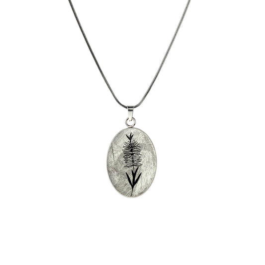 AUSTRALIAN NATIVE FLORA - BOTTLEBRUSH OVAL CIRCLE PENDANT ON A CHAIN NECKLACE - D858S - on Satchel