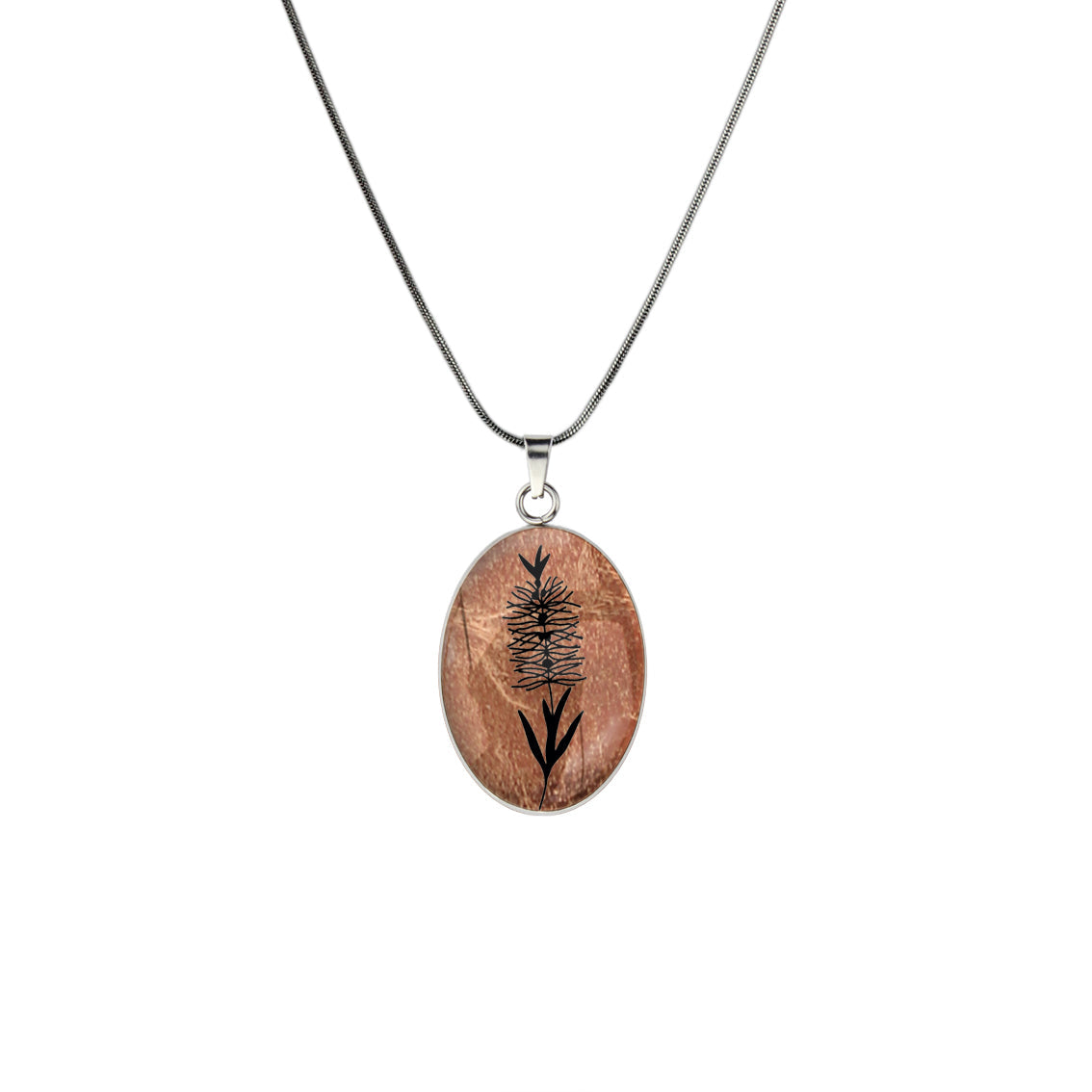 AUSTRALIAN NATIVE FLORA - BOTTLEBRUSH OVAL CIRCLE PENDANT ON A CHAIN NECKLACE - D858S - on Satchel