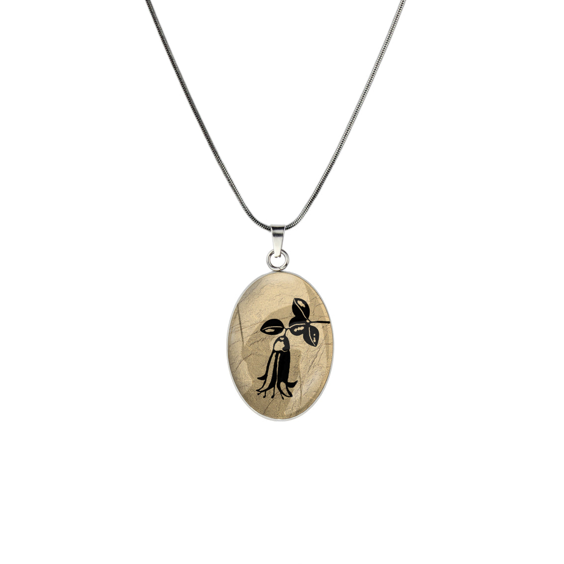 AUSTRALIAN NATIVE FLORA - CANBERRA BELLS TELOPEA OVAL CIRCLE PENDANT ON A CHAIN NECKLACE - D862S - on Satchel