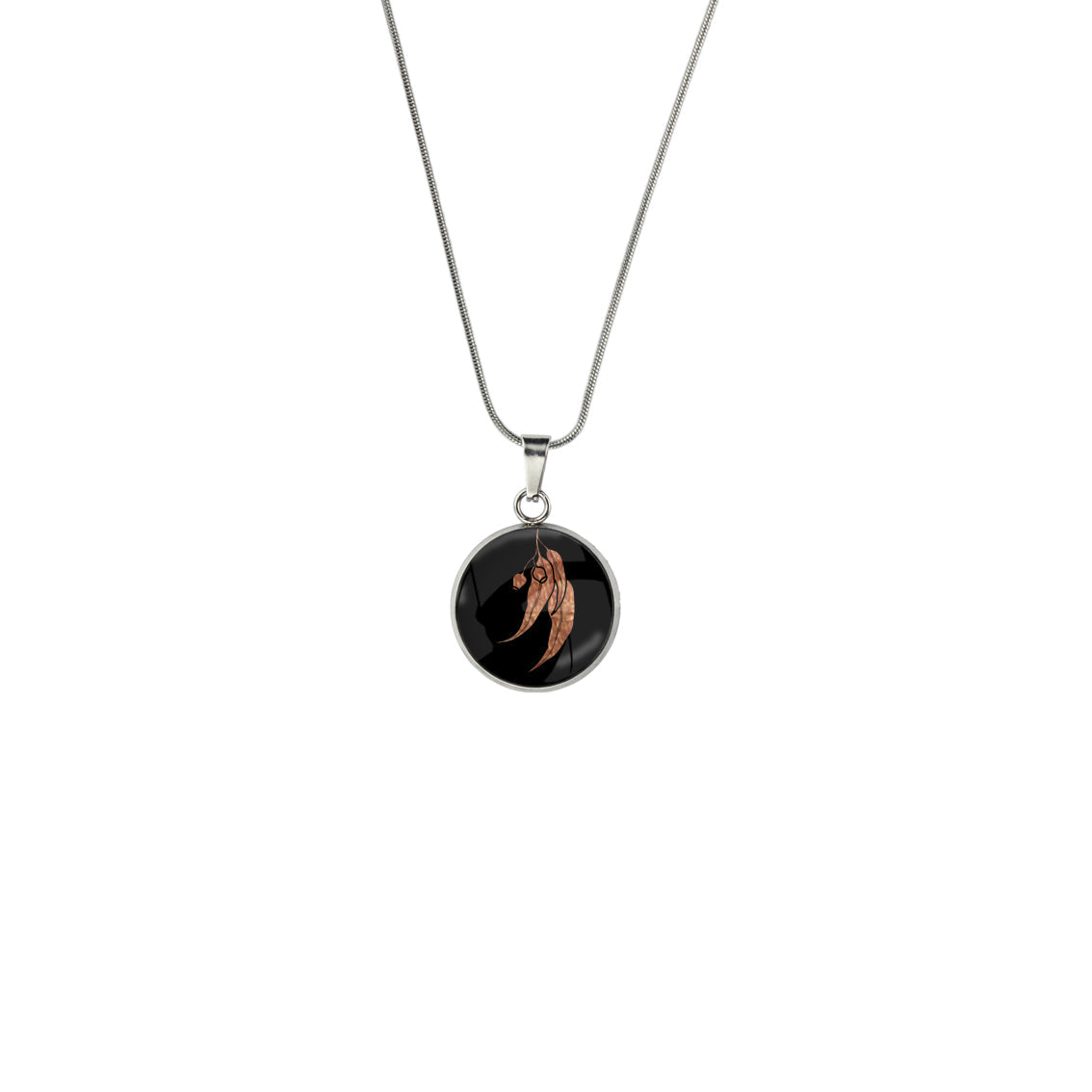 AUSTRALIAN NATIVE FLORA - EUCALYPTUS GUMNUT XS CIRCLE PENDANT ON A CHAIN NECKLACE - D865S - on Satchel