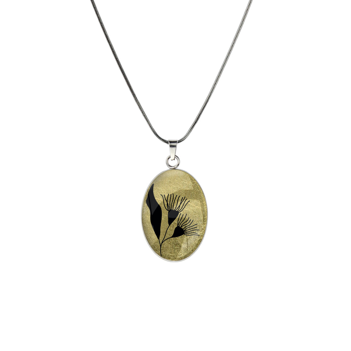 AUSTRALIAN NATIVE FLORA - EUCALYPTUS GUMTREE FLOWER OVAL CIRCLE PENDANT ON A CHAIN NECKLACE - D870 - in Circle Box