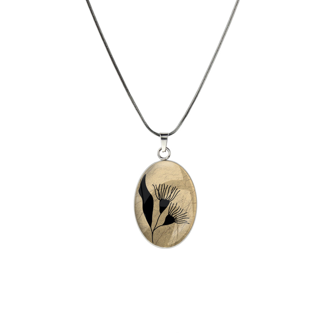 AUSTRALIAN NATIVE FLORA - EUCALYPTUS GUMTREE FLOWER OVAL CIRCLE PENDANT ON A CHAIN NECKLACE - D870S - on Satchel