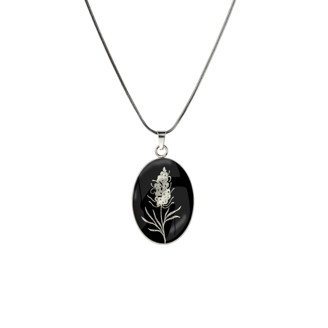 AUSTRALIAN NATIVE FLORA - GREVILLEA SPIDER FLOWER OVAL CIRCLE PENDANT ON A CHAIN NECKLACE - D878 - in Circle Box