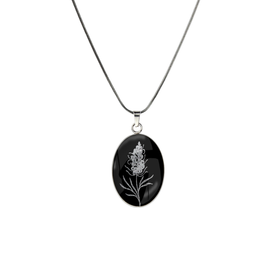 AUSTRALIAN NATIVE FLORA - GREVILLEA SPIDER FLOWER OVAL CIRCLE PENDANT ON A CHAIN NECKLACE - D878S - on Satchel