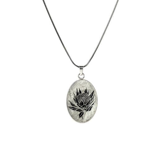 AUSTRALIAN NATIVE FLORA - PROTEA SUGARBUSH OVAL CIRCLE PENDANT ON A CHAIN NECKLACE - D926S - on Satchel