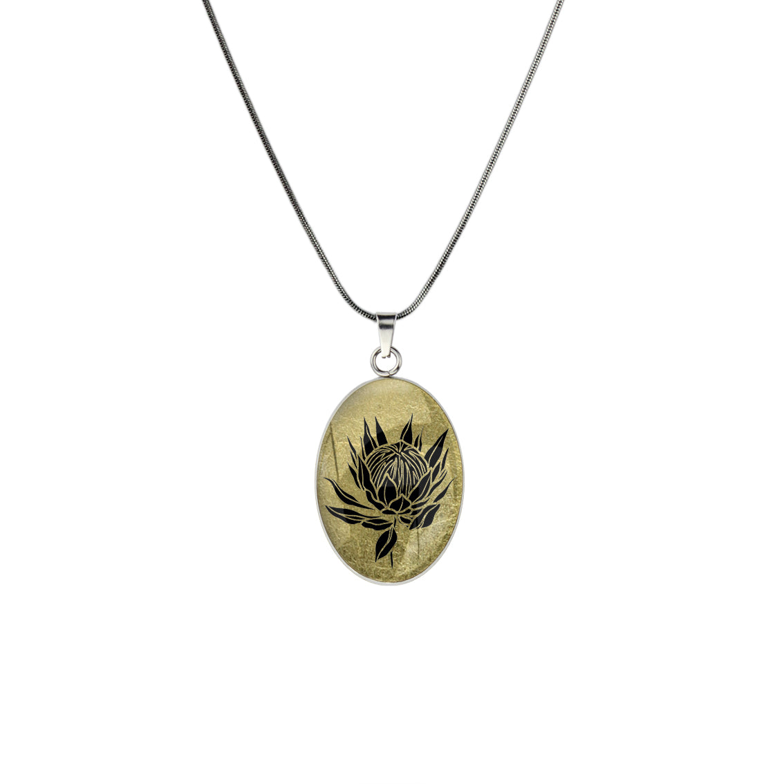 AUSTRALIAN NATIVE FLORA - PROTEA SUGARBUSH OVAL CIRCLE PENDANT ON A CHAIN NECKLACE - D926 - in Circle Box