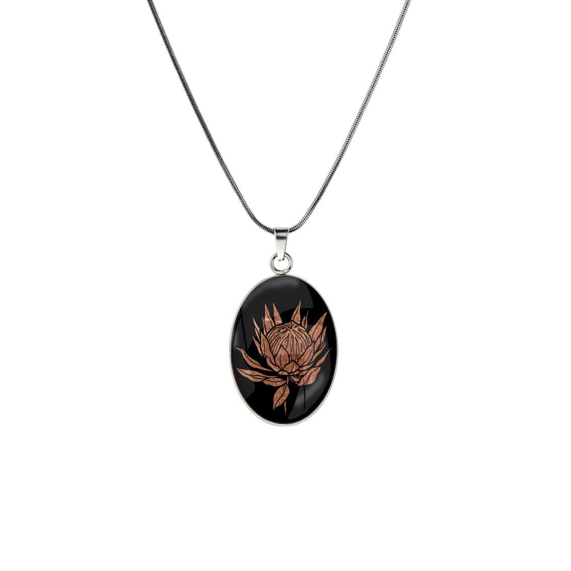AUSTRALIAN NATIVE FLORA - PROTEA SUGARBUSH OVAL CIRCLE PENDANT ON A CHAIN NECKLACE - D926 - in Circle Box