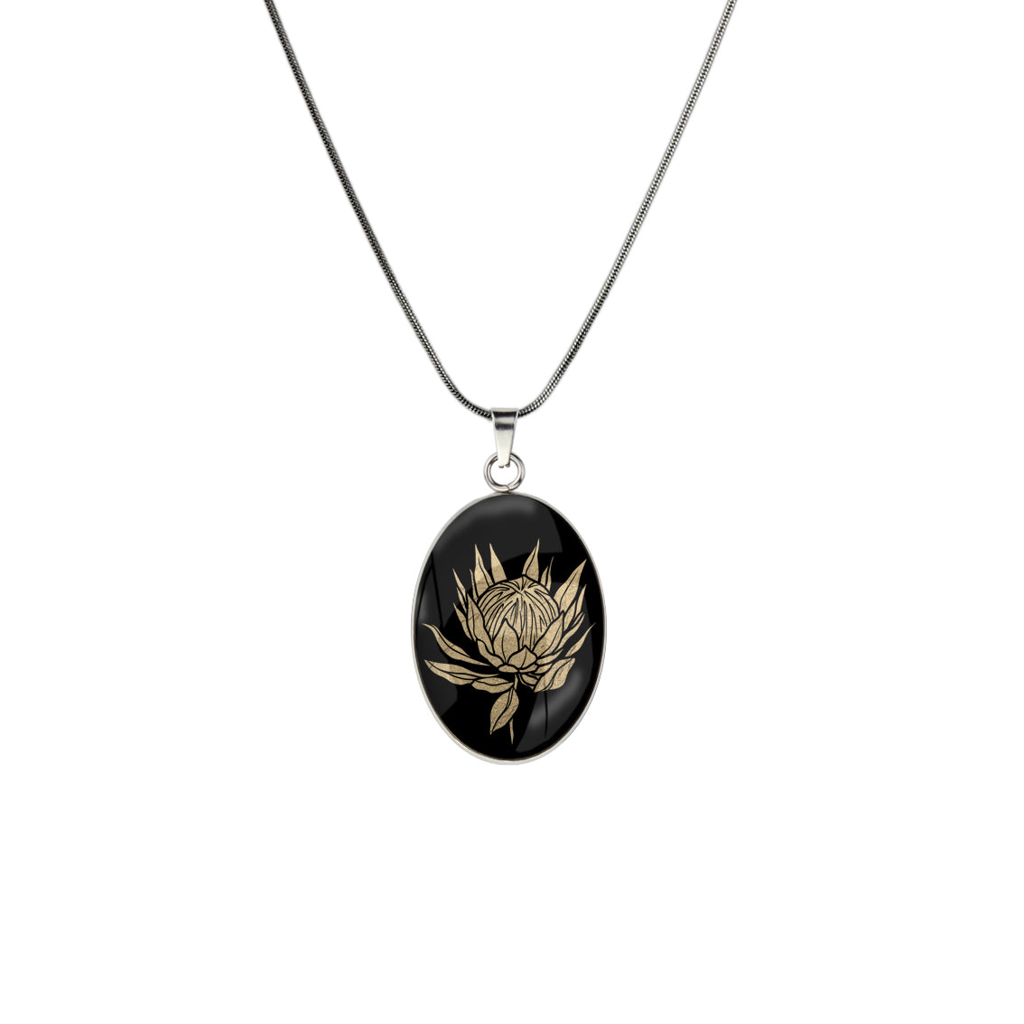 AUSTRALIAN NATIVE FLORA - PROTEA SUGARBUSH OVAL CIRCLE PENDANT ON A CHAIN NECKLACE - D926 - in Circle Box