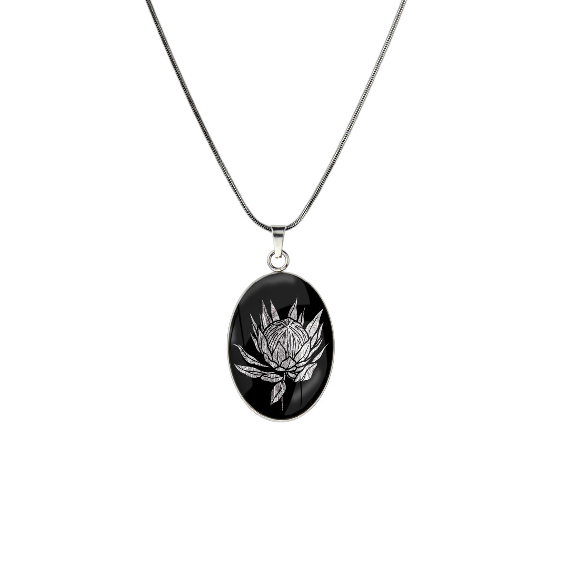 AUSTRALIAN NATIVE FLORA - PROTEA SUGARBUSH OVAL CIRCLE PENDANT ON A CHAIN NECKLACE - D926S - on Satchel