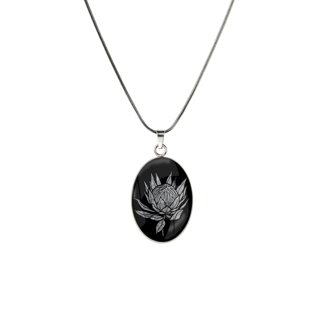 AUSTRALIAN NATIVE FLORA - PROTEA SUGARBUSH OVAL CIRCLE PENDANT ON A CHAIN NECKLACE - D926S - on Satchel