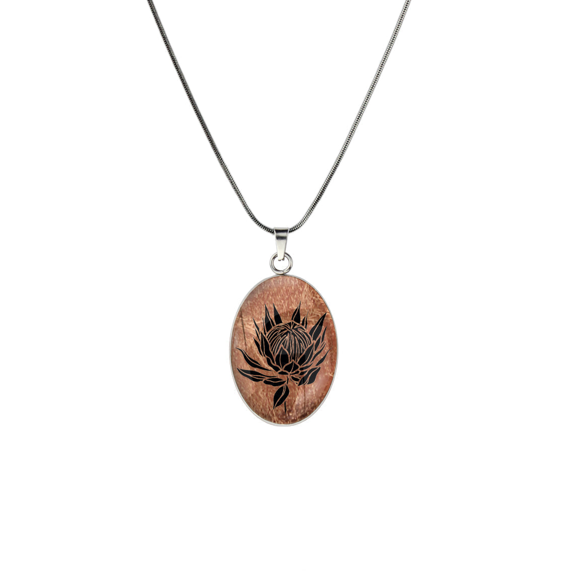 AUSTRALIAN NATIVE FLORA - PROTEA SUGARBUSH OVAL CIRCLE PENDANT ON A CHAIN NECKLACE - D926S - on Satchel