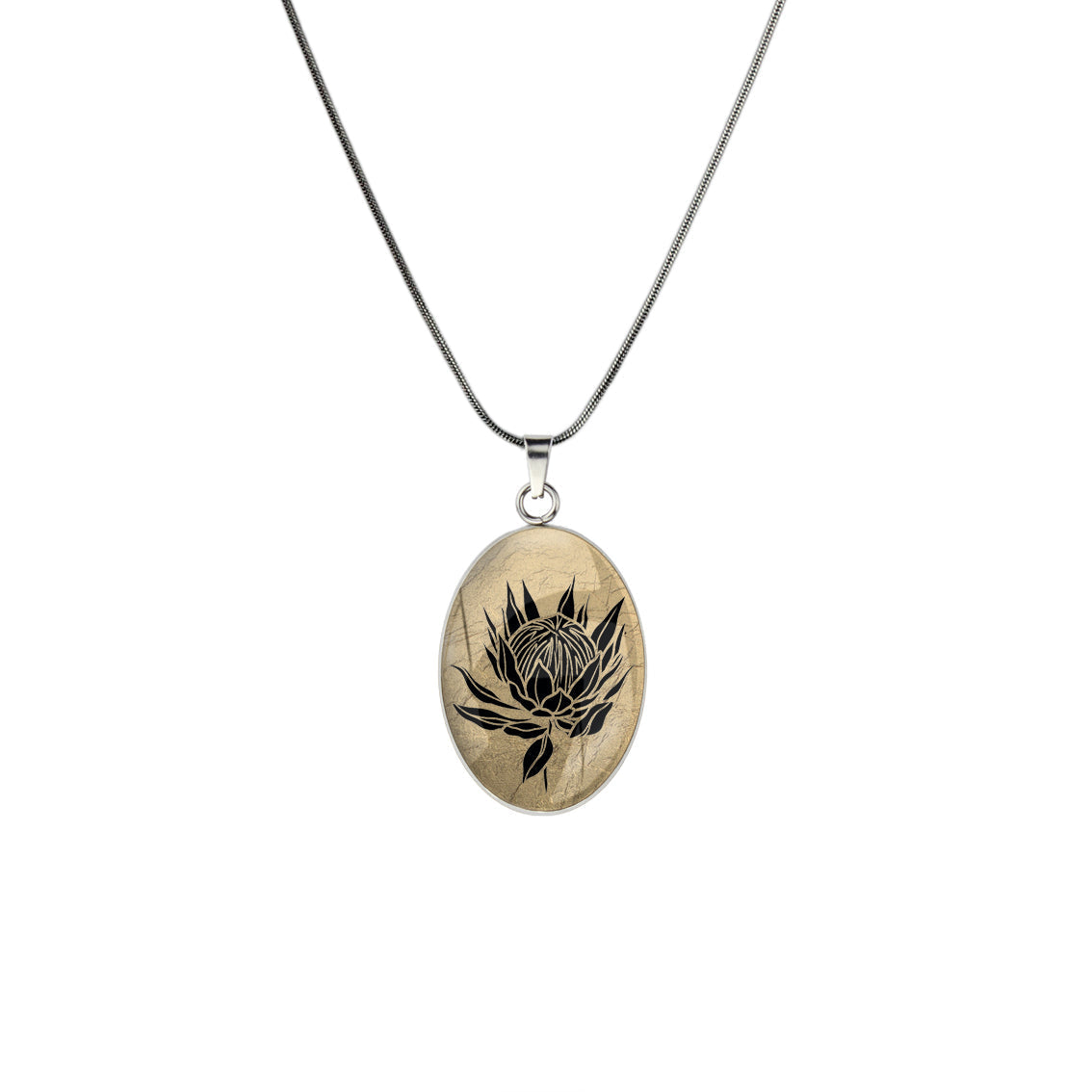 AUSTRALIAN NATIVE FLORA - PROTEA SUGARBUSH OVAL CIRCLE PENDANT ON A CHAIN NECKLACE - D926 - in Circle Box