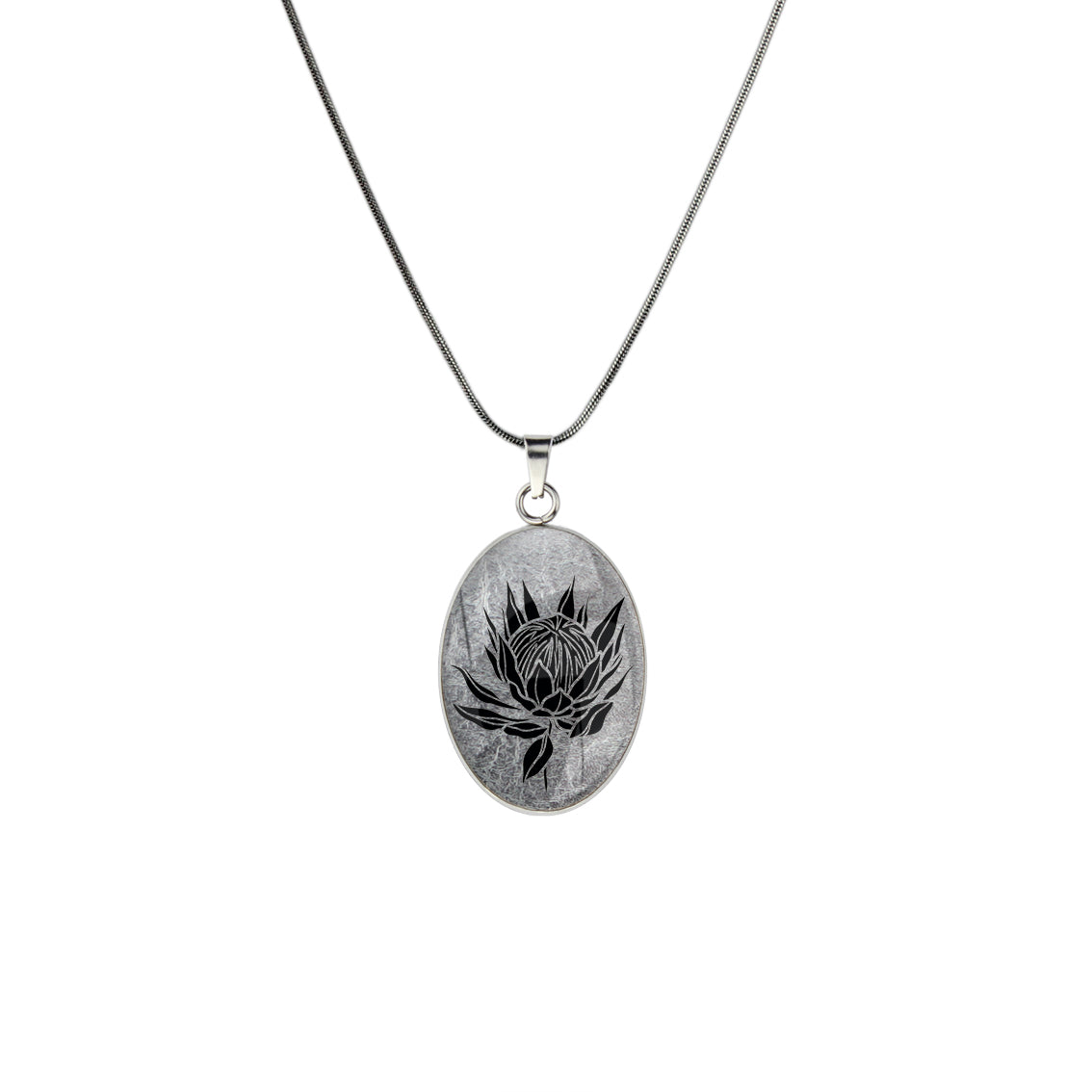 AUSTRALIAN NATIVE FLORA - PROTEA SUGARBUSH OVAL CIRCLE PENDANT ON A CHAIN NECKLACE - D926S - on Satchel