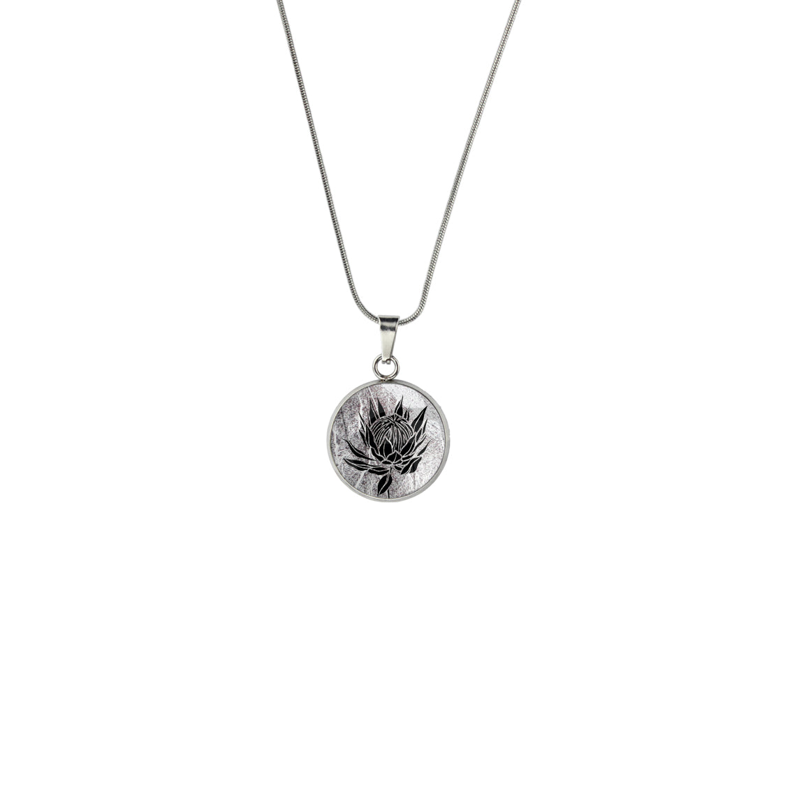 AUSTRALIAN NATIVE FLORA - PROTEA SUGARBUSH XS CIRCLE PENDANT ON A CHAIN NECKLACE - D925 - in Circle Box