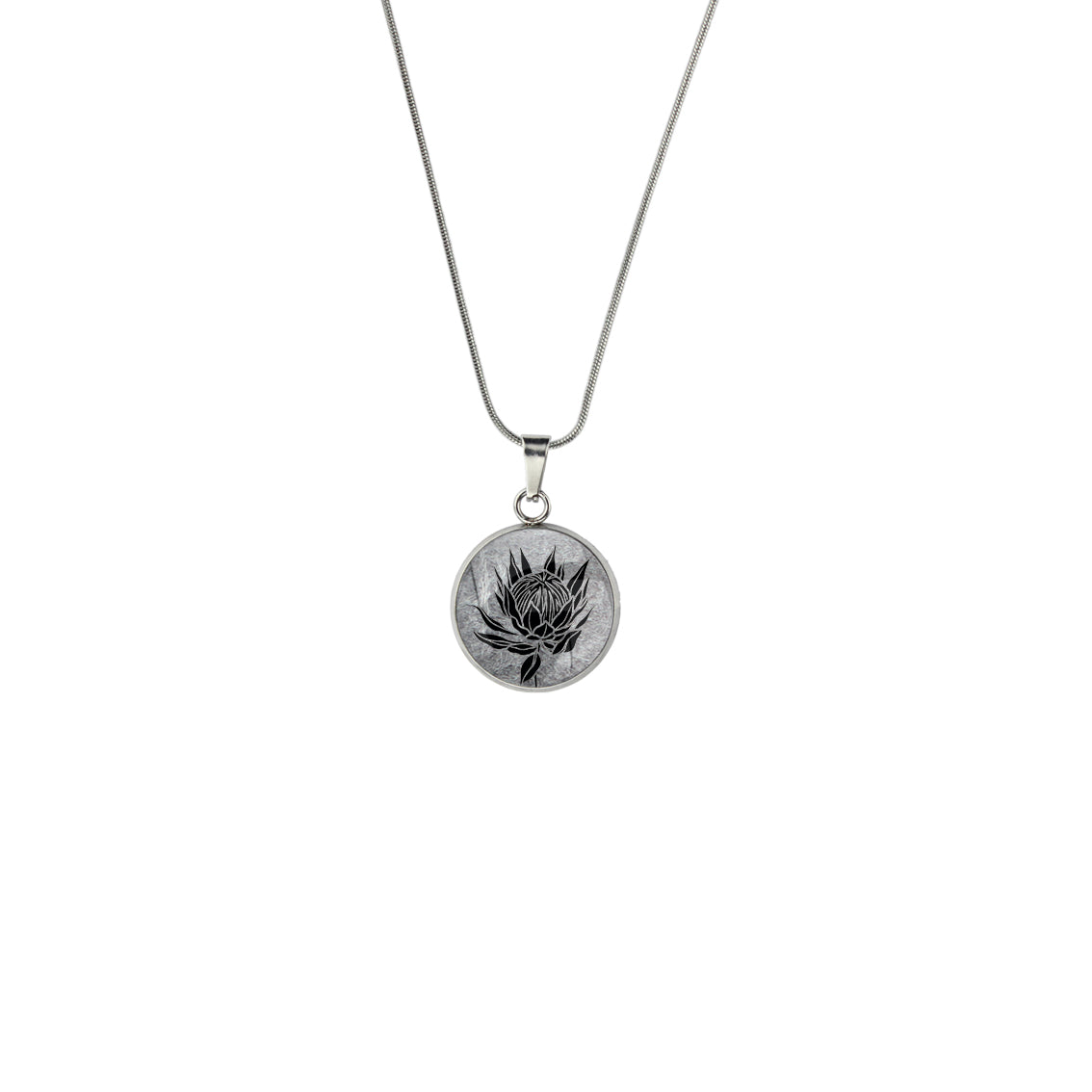 AUSTRALIAN NATIVE FLORA - PROTEA SUGARBUSH XS CIRCLE PENDANT ON A CHAIN NECKLACE - D925 - in Circle Box