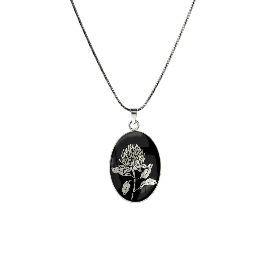 AUSTRALIAN NATIVE FLORA - WARATAH TELOPEA OVAL CIRCLE PENDANT ON A CHAIN NECKLACE - D934 - in Circle Box