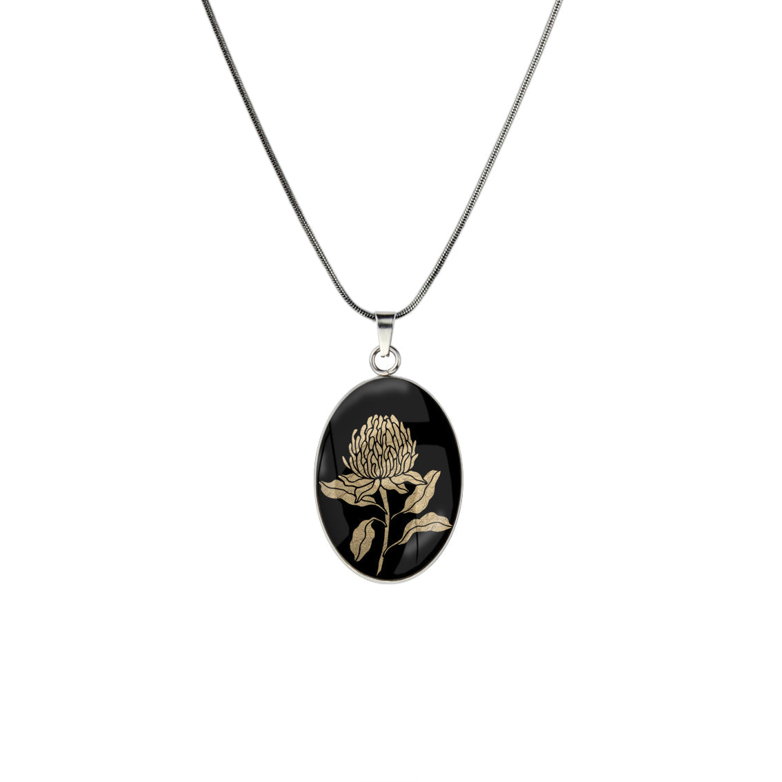 AUSTRALIAN NATIVE FLORA - WARATAH TELOPEA OVAL CIRCLE PENDANT ON A CHAIN NECKLACE - D934 - in Circle Box