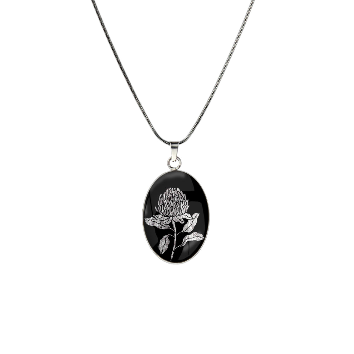 AUSTRALIAN NATIVE FLORA - WARATAH TELOPEA OVAL CIRCLE PENDANT ON A CHAIN NECKLACE - D934S - on Satchel