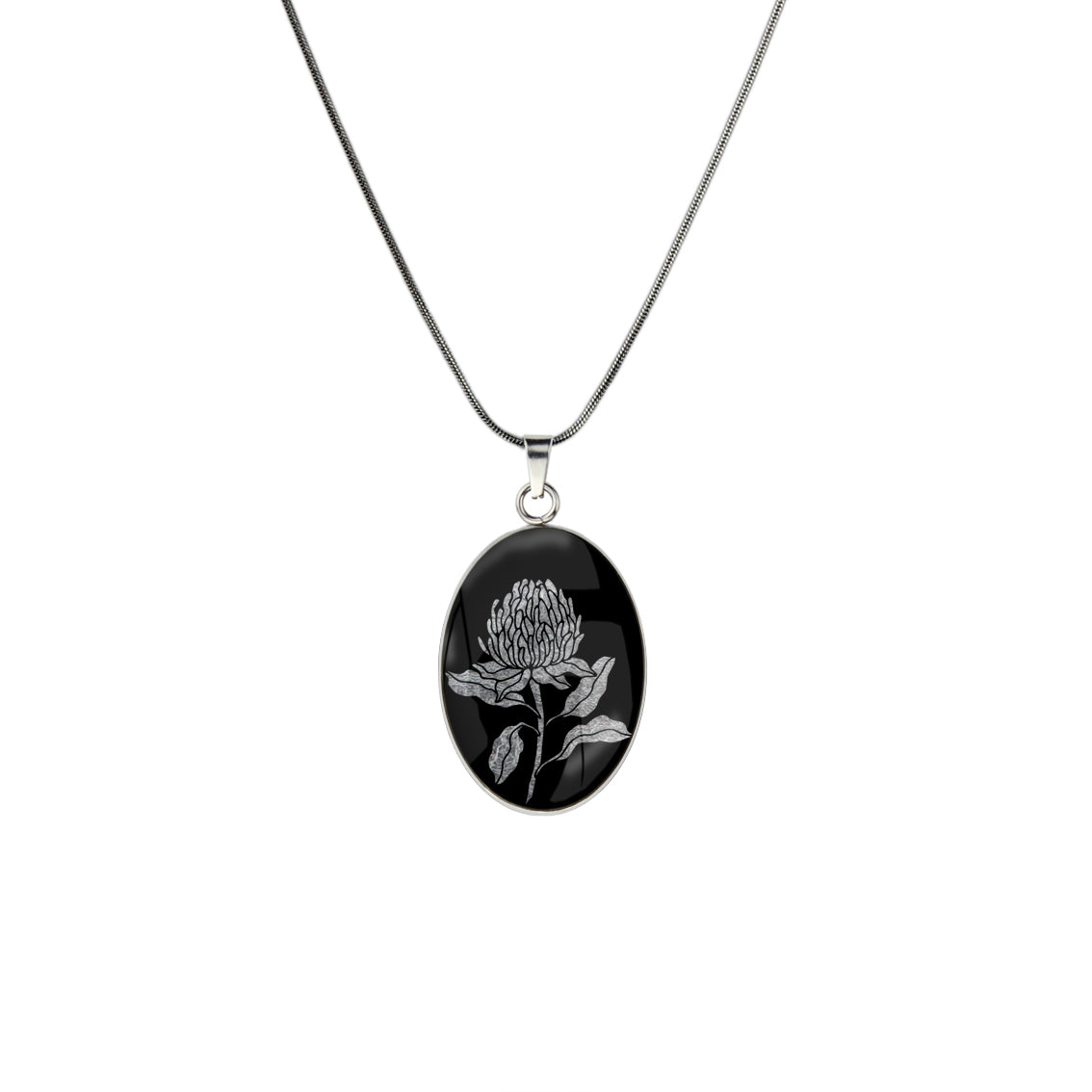 AUSTRALIAN NATIVE FLORA - WARATAH TELOPEA OVAL CIRCLE PENDANT ON A CHAIN NECKLACE - D934 - in Circle Box