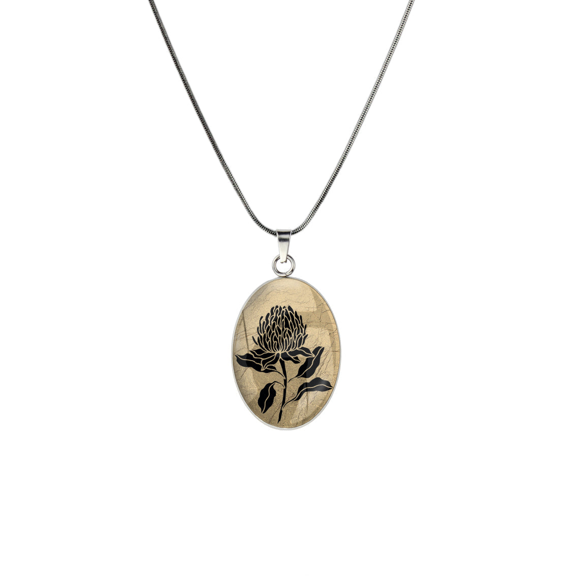 AUSTRALIAN NATIVE FLORA - WARATAH TELOPEA OVAL CIRCLE PENDANT ON A CHAIN NECKLACE - D934 - in Circle Box