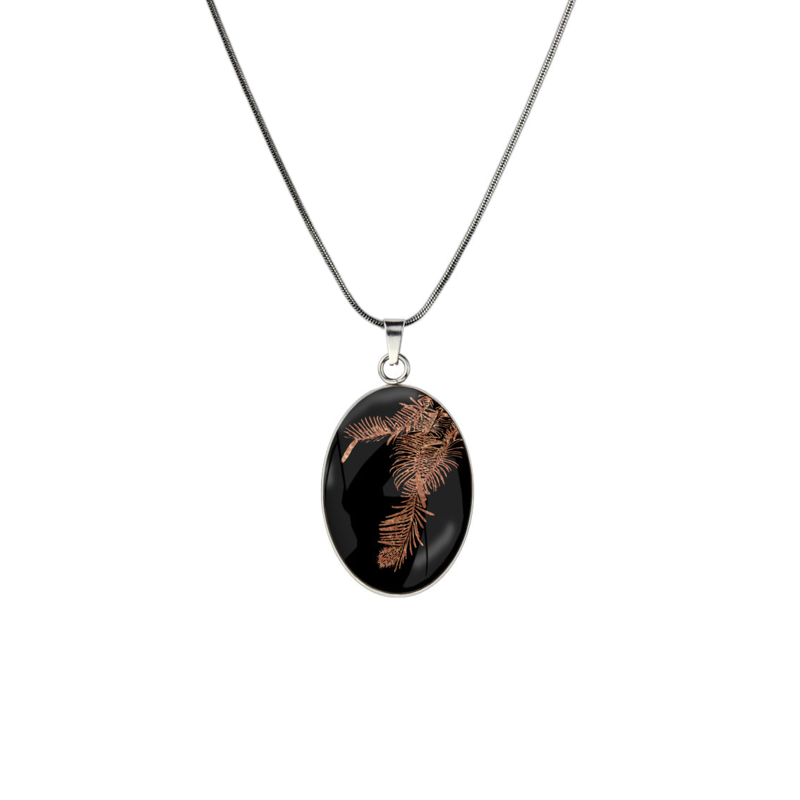 AUSTRALIAN NATIVE FLORA - WOLLEMI PINE OVAL CIRCLE PENDANT ON A CHAIN NECKLACE - D938S - on Satchel