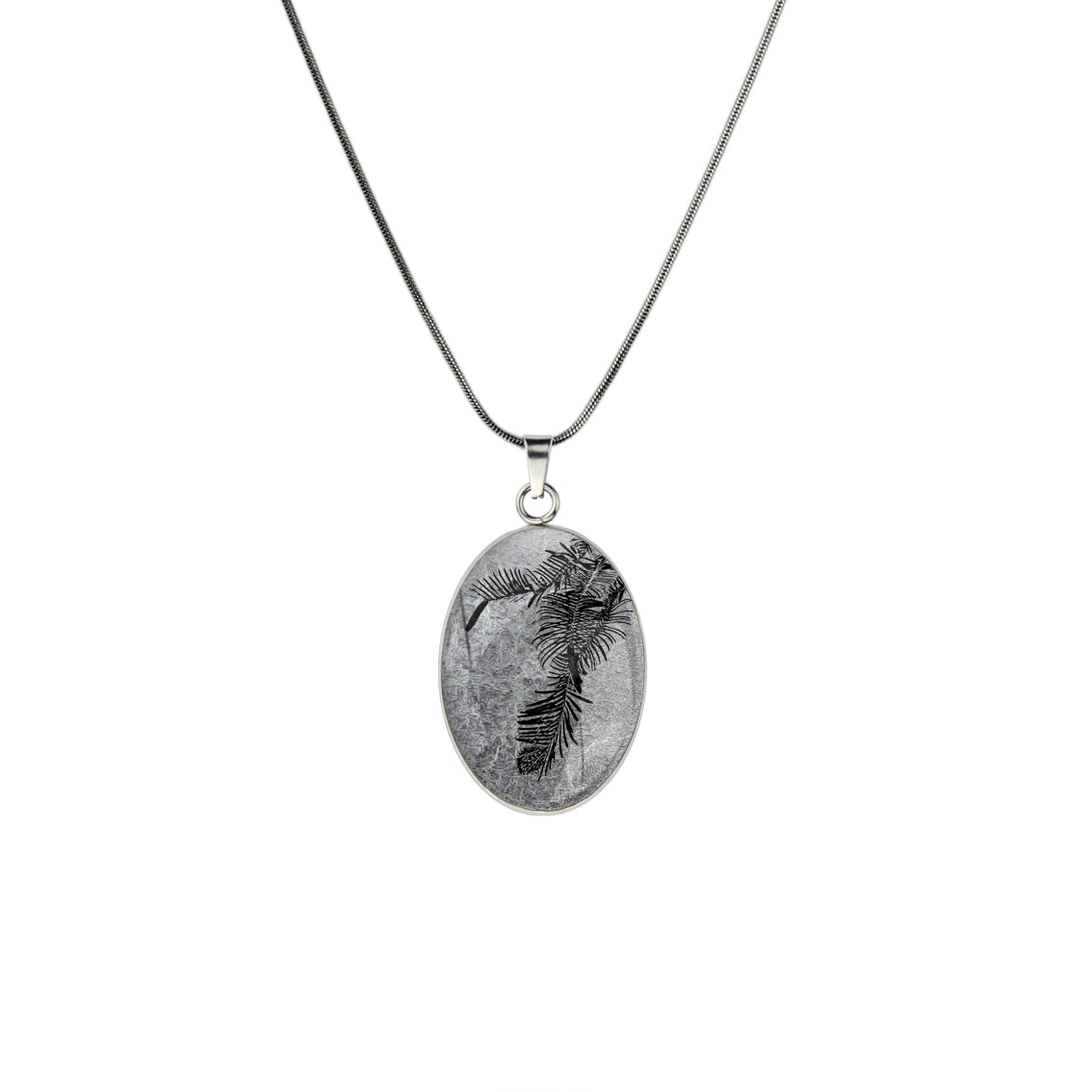 AUSTRALIAN NATIVE FLORA - WOLLEMI PINE OVAL CIRCLE PENDANT ON A CHAIN NECKLACE - D938S - on Satchel