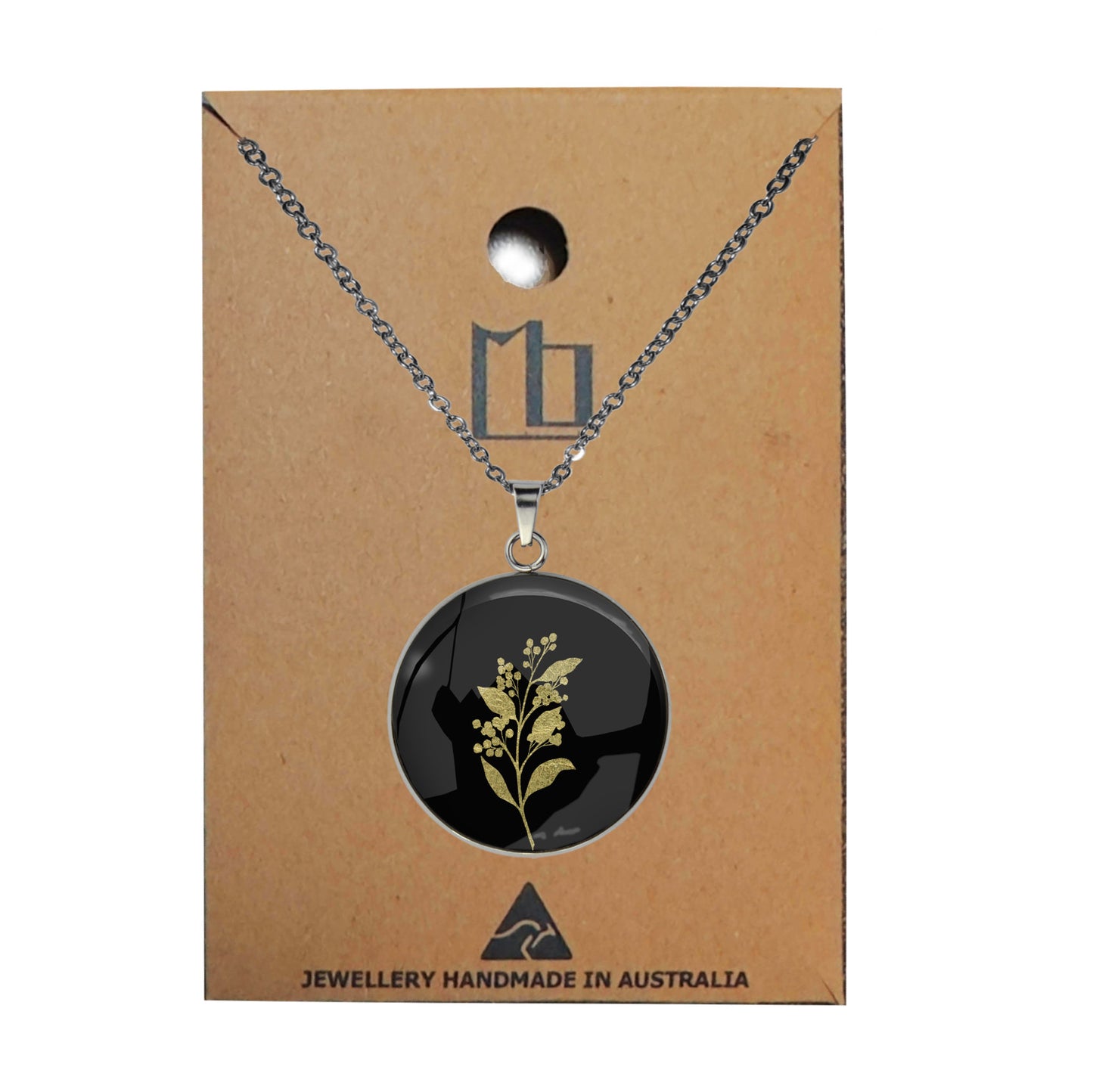 AUSTRALIAN NATIVE FLORA - ACACIA WATTLE CIRCLE PENDANT ON A CHAIN NECKLACE - D827S - on Satchel