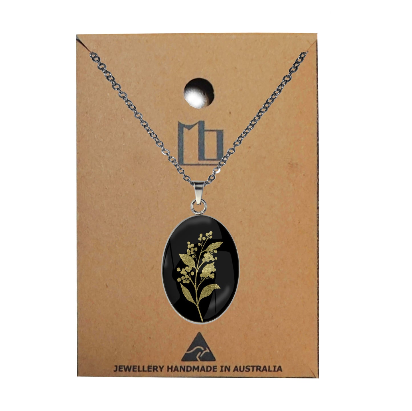 AUSTRALIAN NATIVE FLORA - ACACIA WATTLE OVAL CIRCLE PENDANT ON A CHAIN NECKLACE - D826S - on Satchel