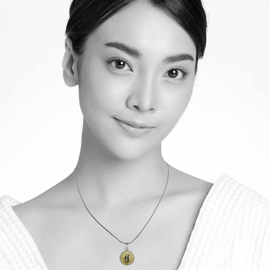 AUSTRALIAN NATIVE FLORA - ACACIA WATTLE XS CIRCLE PENDANT ON A CHAIN NECKLACE - D825S - on Satchel