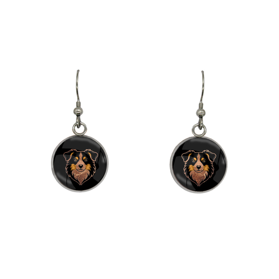 AUSTRALIAN SHEPHERD DOG FACE DANGLE DROP CIRCLE EARRINGS - in Circle Box