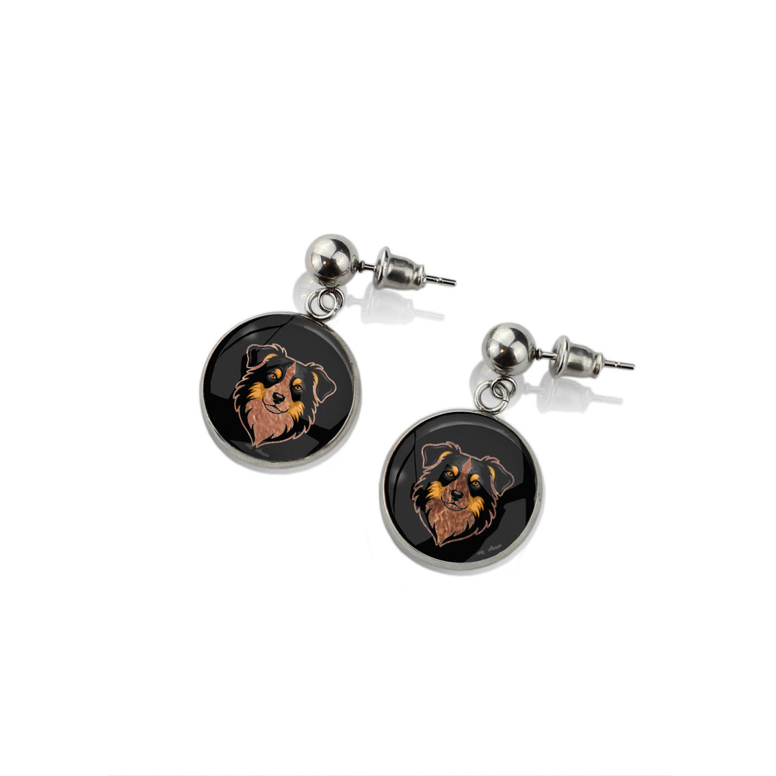 AUSTRALIAN SHEPHERD DOG FACE DANGLE DROP CIRCLE EARRINGS - in Circle Box