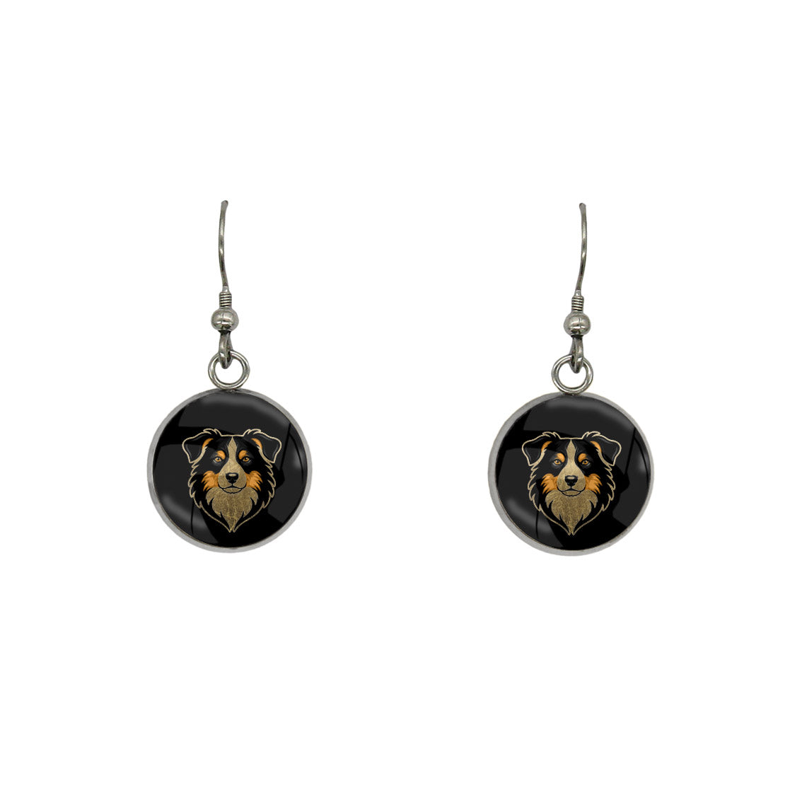 AUSTRALIAN SHEPHERD DOG FACE DANGLE DROP CIRCLE EARRINGS - in Circle Box