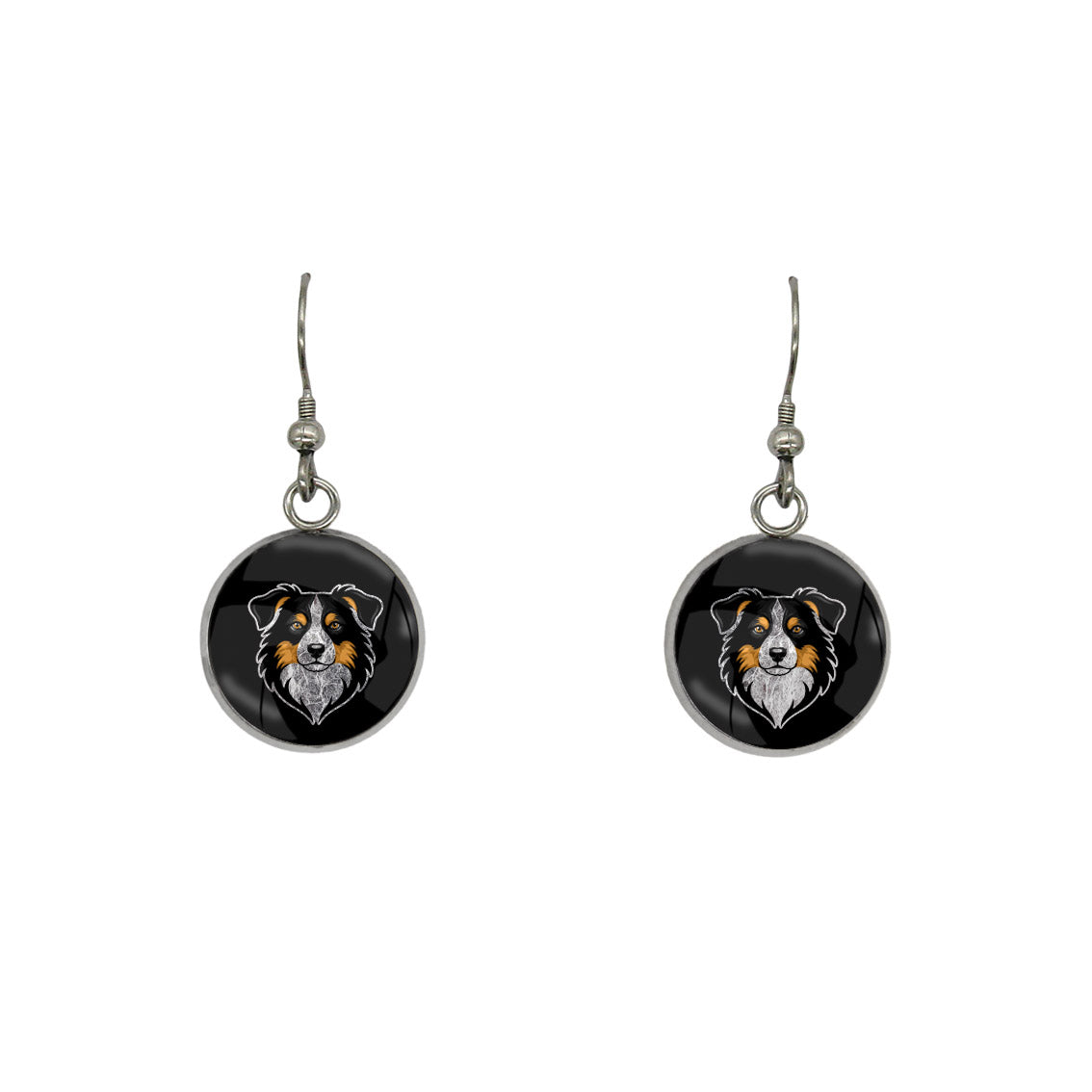 AUSTRALIAN SHEPHERD DOG FACE DANGLE DROP CIRCLE EARRINGS - in Circle Box