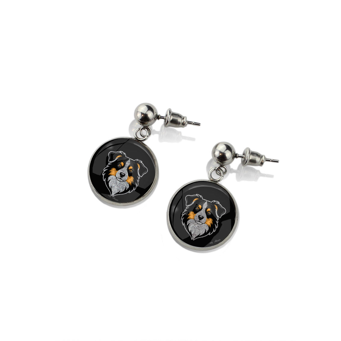 AUSTRALIAN SHEPHERD DOG FACE DANGLE DROP CIRCLE EARRINGS - in Circle Box