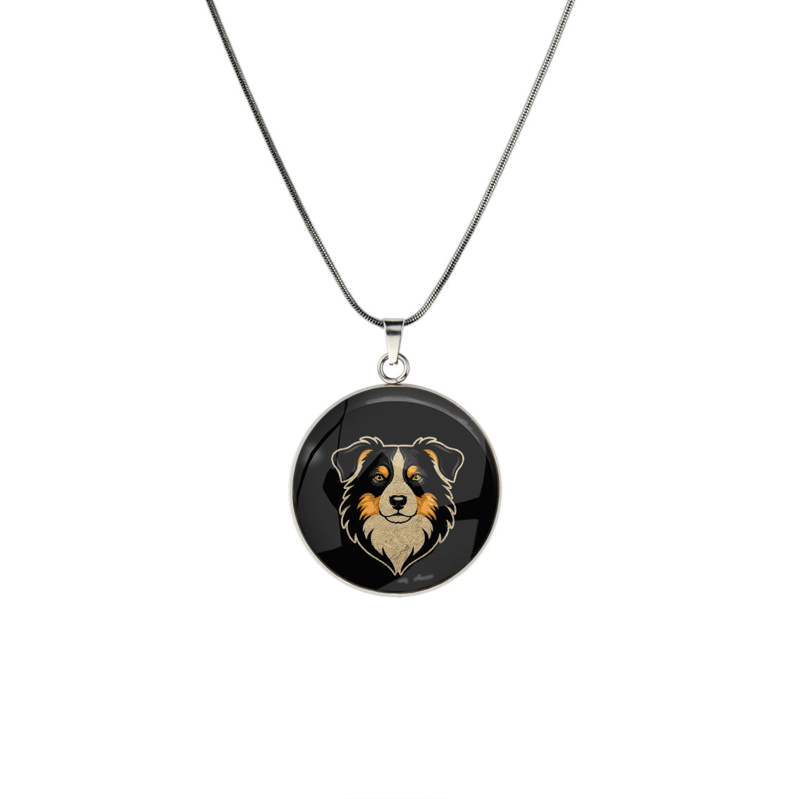 AUSTRALIAN SHEPHERD DOG FACE CIRCLE PENDANT ON A CHAIN NECKLACE - in Circle Box