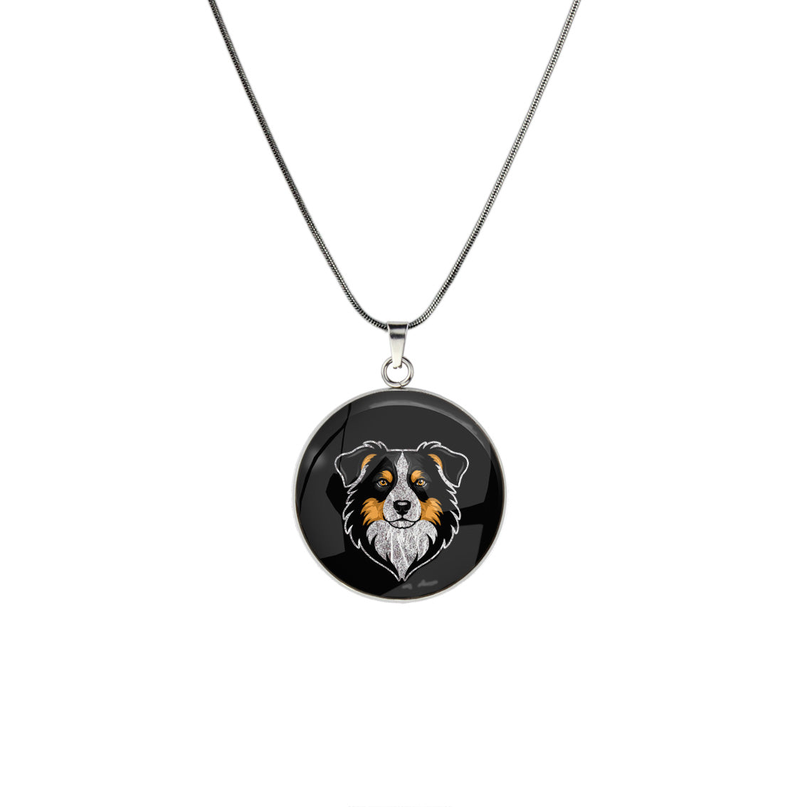 AUSTRALIAN SHEPHERD DOG FACE CIRCLE PENDANT ON A CHAIN NECKLACE - in Circle Box