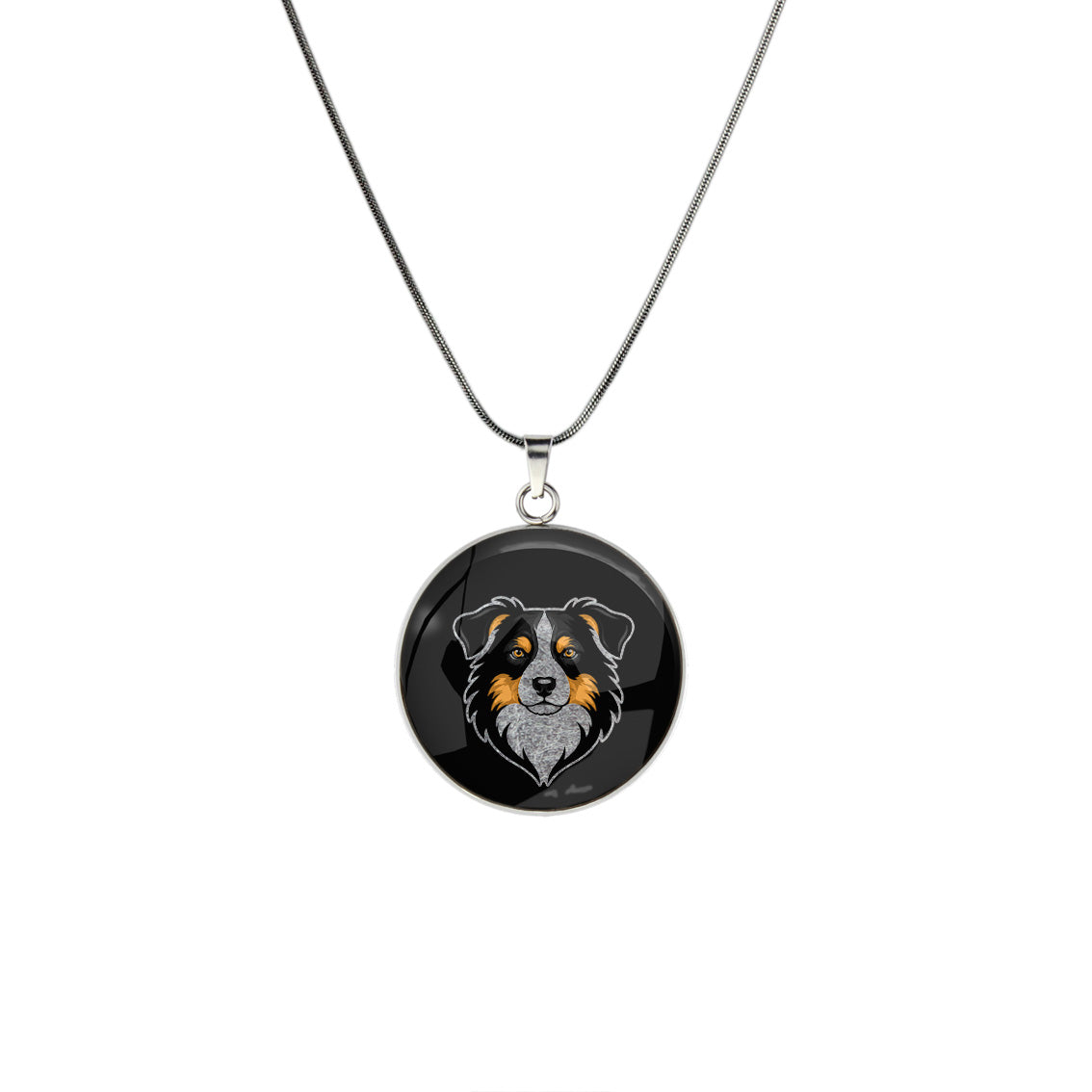 AUSTRALIAN SHEPHERD DOG FACE CIRCLE PENDANT ON A CHAIN NECKLACE - in Circle Box