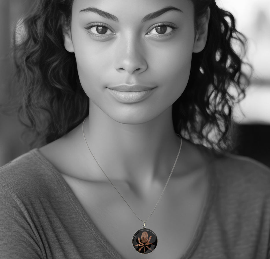 AUSTRALIAN NATIVE FLORA - BANKSIA CIRCLE PENDANT ON A CHAIN NECKLACE - D839S - on Satchel