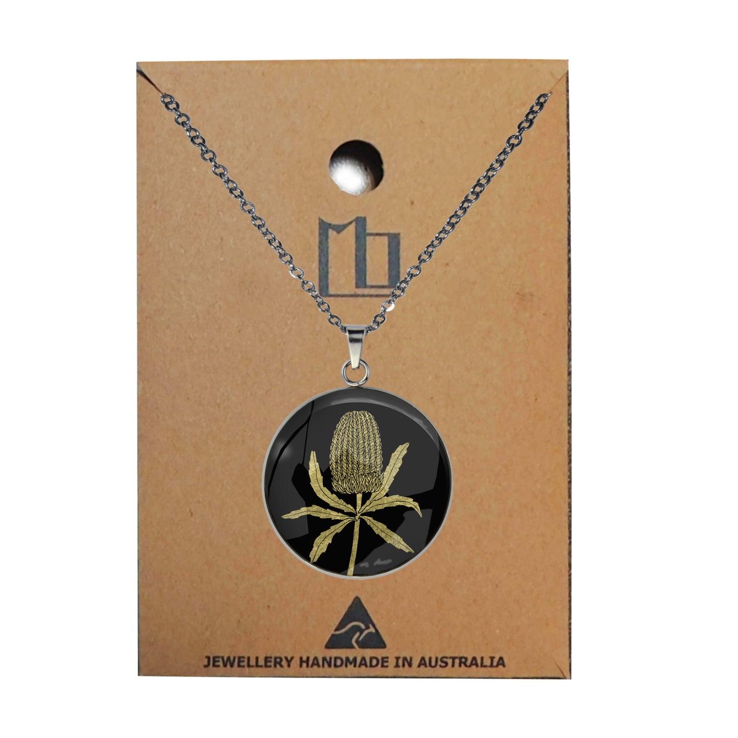 AUSTRALIAN NATIVE FLORA - BANKSIA CIRCLE PENDANT ON A CHAIN NECKLACE - D839S - on Satchel