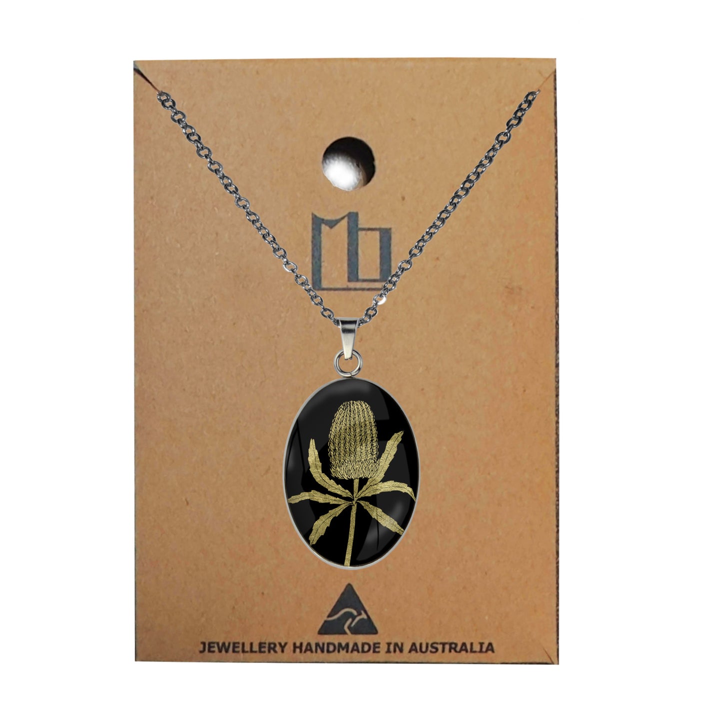 AUSTRALIAN NATIVE FLORA - BANKSIA OVAL CIRCLE PENDANT ON A CHAIN NECKLACE - D838S - on Satchel