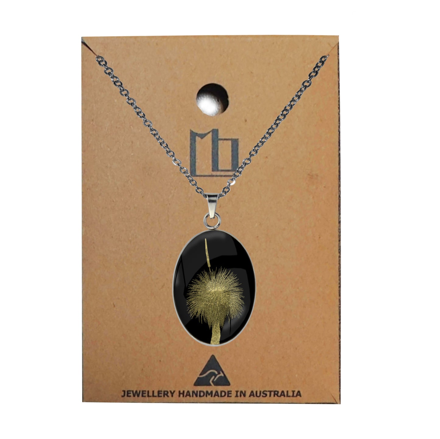AUSTRALIAN NATIVE FLORA - GRASS TREE OVAL CIRCLE PENDANT ON A CHAIN NECKLACE - D854S - on Satchel