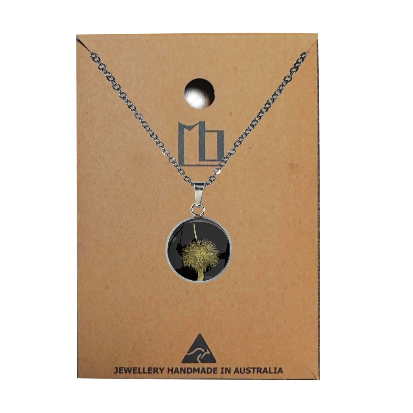 AUSTRALIAN NATIVE FLORA - GRASS TREE XS CIRCLE PENDANT ON A CHAIN NECKLACE - D853S - on Satchel