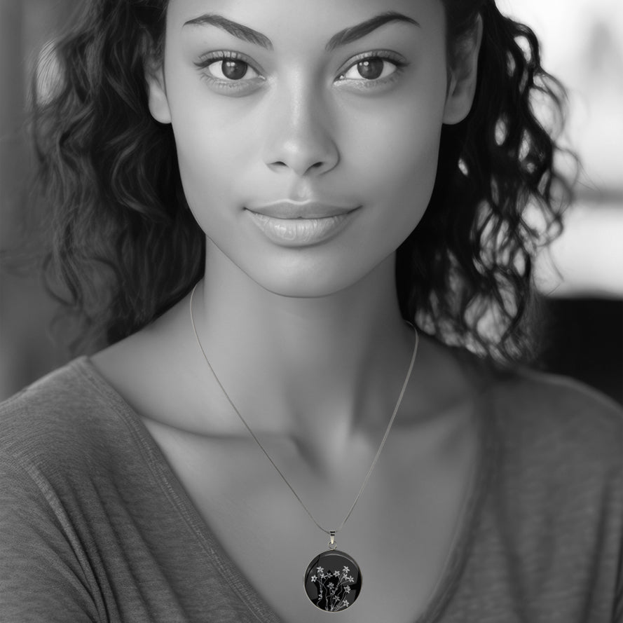 AUSTRALIAN NATIVE FLORA - NATIVE BLUEBELL CIRCLE PENDANT ON A CHAIN NECKLACE - D895S - on Satchel