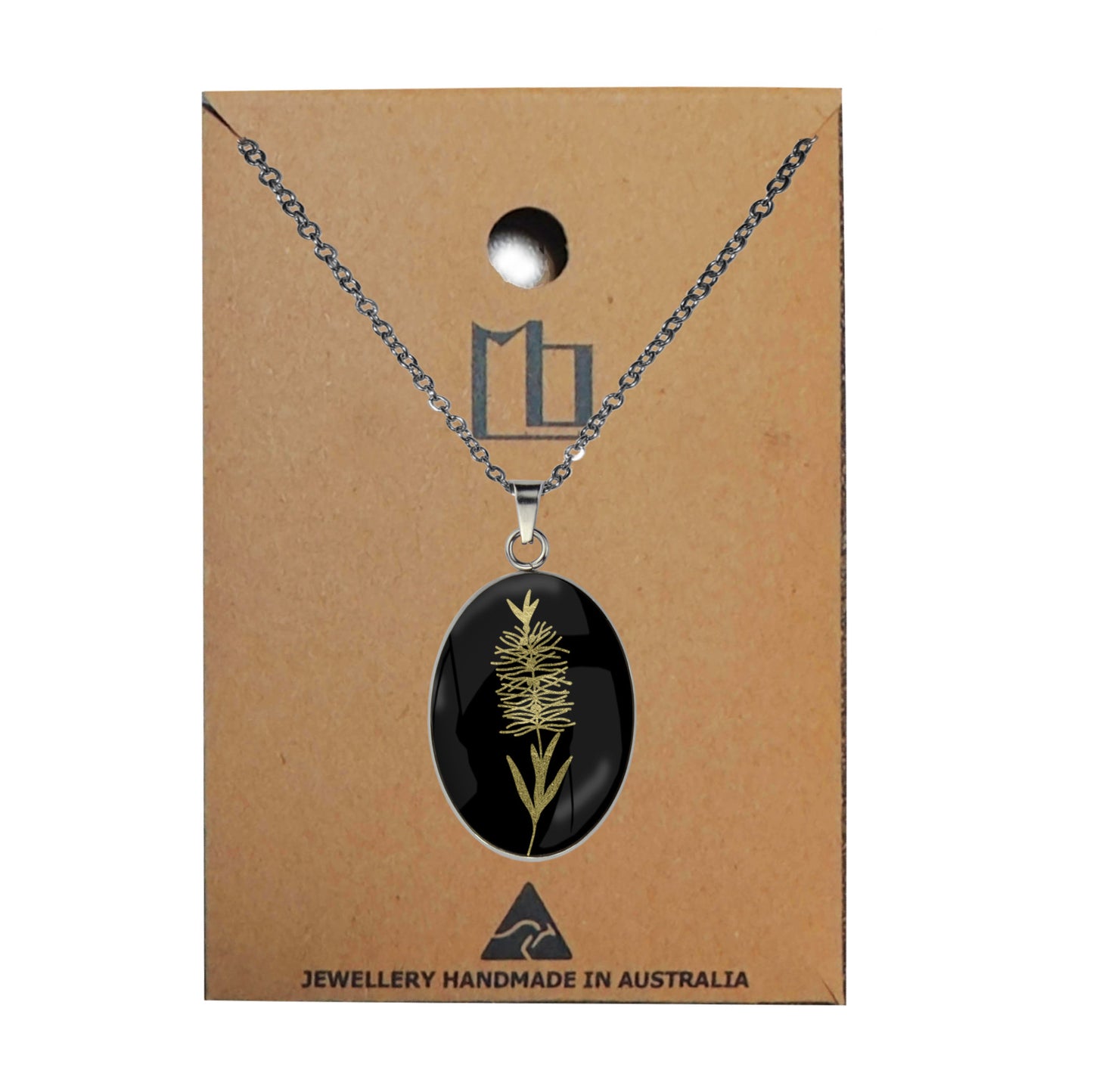 AUSTRALIAN NATIVE FLORA - BOTTLEBRUSH OVAL CIRCLE PENDANT ON A CHAIN NECKLACE - D858S - on Satchel