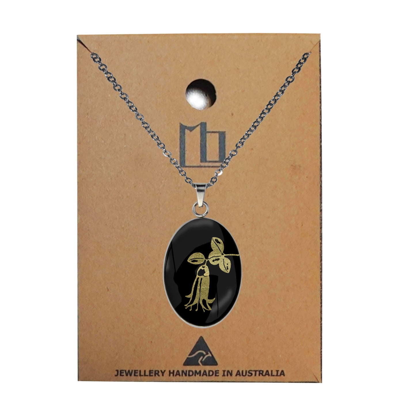 AUSTRALIAN NATIVE FLORA - CANBERRA BELLS TELOPEA OVAL CIRCLE PENDANT ON A CHAIN NECKLACE - D862S - on Satchel