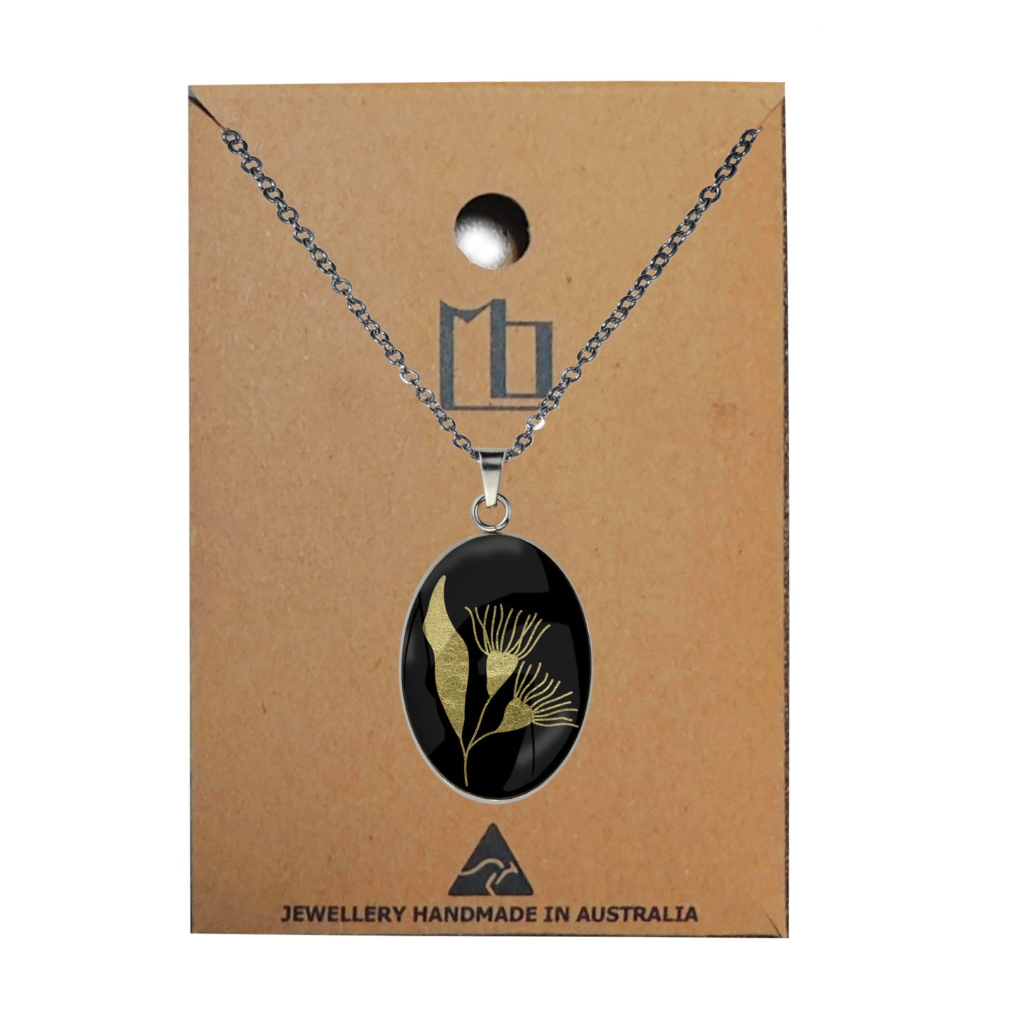 AUSTRALIAN NATIVE FLORA - EUCALYPTUS GUMTREE FLOWER OVAL CIRCLE PENDANT ON A CHAIN NECKLACE - D870S - on Satchel